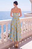 Strapless Blue A Line Brocade Midi Wedding Guest Dress