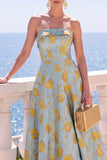 Strapless Blue A Line Brocade Midi Wedding Guest Dress