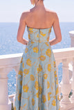 Strapless Blue A Line Brocade Midi Wedding Guest Dress