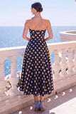 Strapless Blue A Line Brocade Midi Wedding Guest Dress