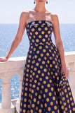 Strapless Blue A Line Brocade Midi Wedding Guest Dress