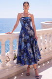 Strapless Blue A Line Brocade Midi Wedding Guest Dress