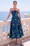 Strapless Blue A Line Brocade Midi Wedding Guest Dress