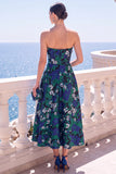 Strapless Blue A Line Brocade Midi Wedding Guest Dress