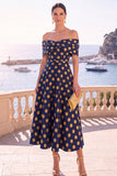 Navy Blue Floral Off The Shoulder A Line Midi Wedding Guest Dress