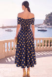 Navy Blue Floral Off The Shoulder A Line Midi Wedding Guest Dress