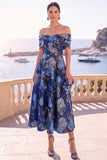 Navy Blue Floral Off The Shoulder A Line Midi Wedding Guest Dress