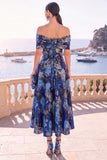 Navy Blue Floral Off The Shoulder A Line Midi Wedding Guest Dress