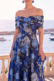 Navy Blue Floral Off The Shoulder A Line Midi Wedding Guest Dress
