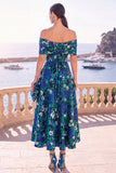 Navy Blue Floral Off The Shoulder A Line Midi Wedding Guest Dress