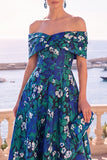 Navy Blue Floral Off The Shoulder A Line Midi Wedding Guest Dress