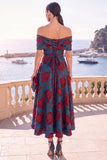 Navy Blue Floral Off The Shoulder A Line Midi Wedding Guest Dress