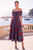 Navy Blue Floral Off The Shoulder A Line Midi Wedding Guest Dress