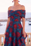Navy Blue Floral Off The Shoulder A Line Midi Wedding Guest Dress