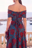 Navy Blue Floral Off The Shoulder A Line Midi Wedding Guest Dress