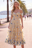 Off The Shoulder Red Floral A Line Tulle Midi Wedding Guest Dress