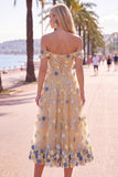 Off The Shoulder Red Floral A Line Tulle Midi Wedding Guest Dress