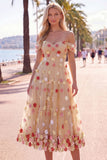 Off The Shoulder Red Floral A Line Tulle Midi Wedding Guest Dress