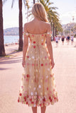 Off The Shoulder Red Floral A Line Tulle Midi Wedding Guest Dress
