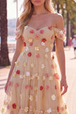 Off The Shoulder Red Floral A Line Tulle Midi Wedding Guest Dress