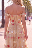 Off The Shoulder Red Floral A Line Tulle Midi Wedding Guest Dress