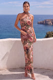 Floral One Shoulder Fuchsia Sheath Maxi Wedding Guest Dress