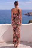Floral One Shoulder Fuchsia Sheath Maxi Wedding Guest Dress