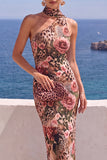 Floral One Shoulder Fuchsia Sheath Maxi Wedding Guest Dress