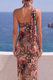 Floral One Shoulder Fuchsia Sheath Maxi Wedding Guest Dress