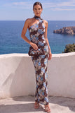 Floral One Shoulder Fuchsia Sheath Maxi Wedding Guest Dress