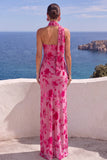 Floral One Shoulder Fuchsia Sheath Maxi Wedding Guest Dress