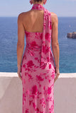 Floral One Shoulder Fuchsia Sheath Maxi Wedding Guest Dress