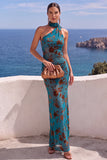 Floral One Shoulder Fuchsia Sheath Maxi Wedding Guest Dress