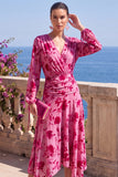 V-Neck Khaki A Line Floral Midi Wedding Guest Dress With Long Sleeves