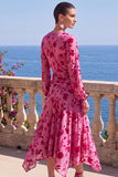 V-Neck Khaki A Line Floral Midi Wedding Guest Dress With Long Sleeves