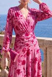 V-Neck Khaki A Line Floral Midi Wedding Guest Dress With Long Sleeves