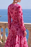 V-Neck Khaki A Line Floral Midi Wedding Guest Dress With Long Sleeves