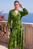 V-Neck Khaki A Line Floral Midi Wedding Guest Dress With Long Sleeves