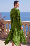 V-Neck Khaki A Line Floral Midi Wedding Guest Dress With Long Sleeves