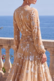 V-Neck Khaki A Line Floral Midi Wedding Guest Dress With Long Sleeves
