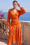 V-Neck Khaki A Line Floral Midi Wedding Guest Dress With Long Sleeves