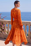 V-Neck Khaki A Line Floral Midi Wedding Guest Dress With Long Sleeves