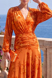 V-Neck Khaki A Line Floral Midi Wedding Guest Dress With Long Sleeves