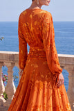 V-Neck Khaki A Line Floral Midi Wedding Guest Dress With Long Sleeves