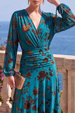 V-Neck Khaki A Line Floral Midi Wedding Guest Dress With Long Sleeves