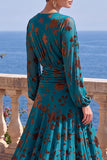 V-Neck Khaki A Line Floral Midi Wedding Guest Dress With Long Sleeves