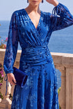 V-Neck Khaki A Line Floral Midi Wedding Guest Dress With Long Sleeves