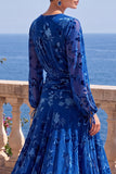 V-Neck Khaki A Line Floral Midi Wedding Guest Dress With Long Sleeves