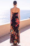Strapless Coffee Floral A Line Chiffon Maxi Wedding Guest Dress
