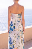 Strapless Coffee Floral A Line Chiffon Maxi Wedding Guest Dress